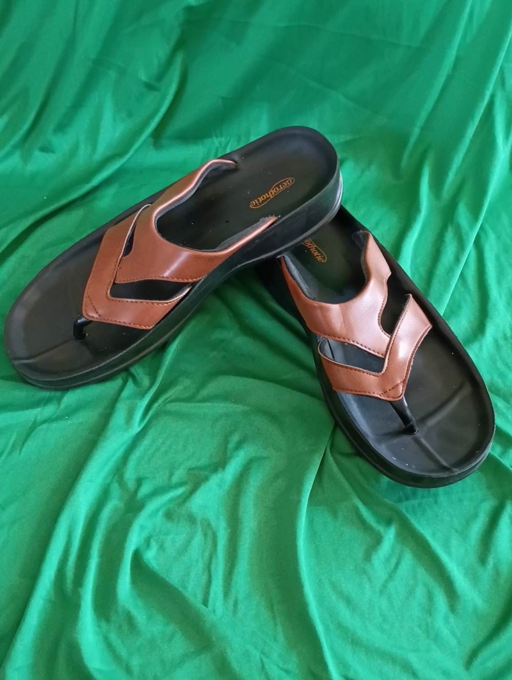 Brown Leather-Look Women's Thong Sandals with Black Footbed